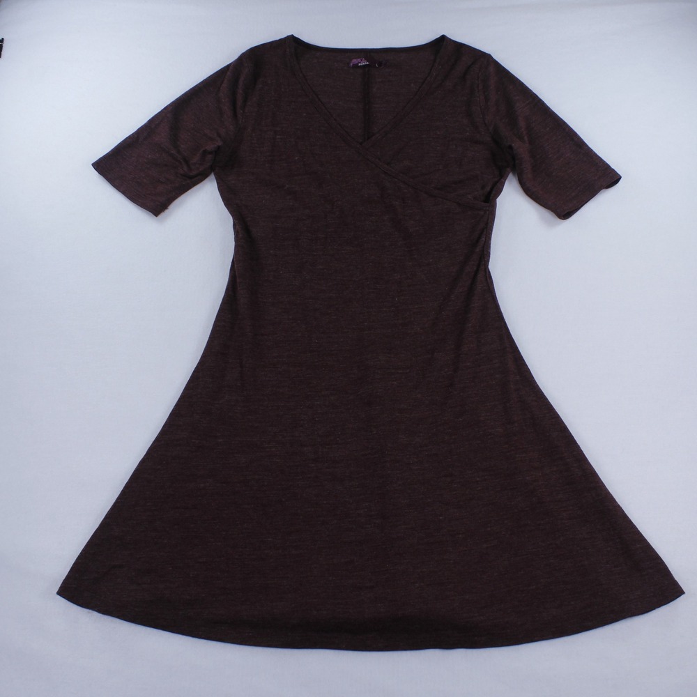 prAna Nadia Wool Blend Faux Wrap Dress Size Large Heathered Dark Brown A-Line